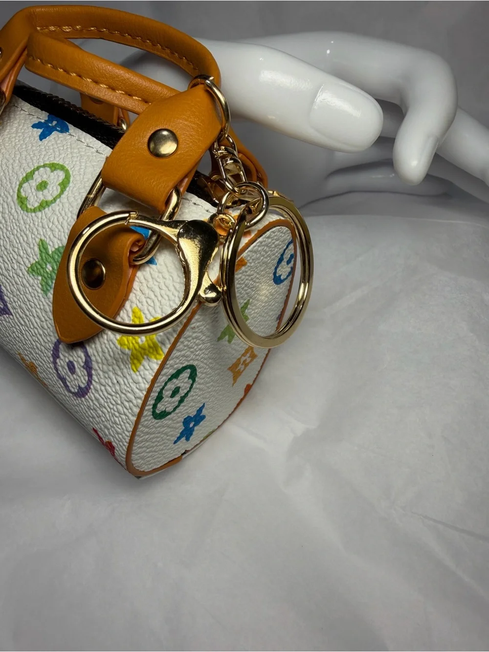 Multicolor Mini Bag Keychain & Bag Charm White with Tan Handles